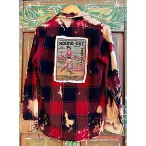 Upcycled Distressed Flannel -Vintage Boxing Girl Patch –Magnolia Pearl Style – S